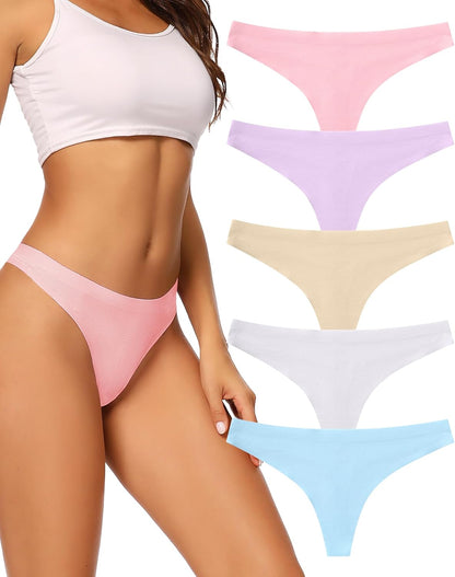Women's Seamless Thong Underwear 5-Pack No Show Breathable Panties F-5 Pack Bright Color