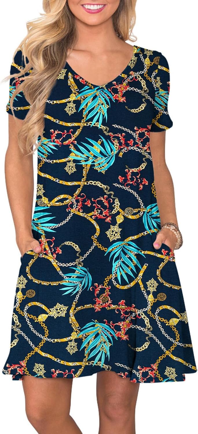 Women's Casual T-Shirt Dress Short Sleeve Summer Swing Dress with Pockets Navy Blue Chain