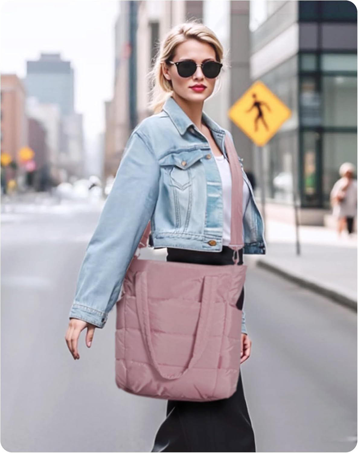 Women's Quilted Tote Bag Lightweight Puffy Shoulder Bag with Compartments