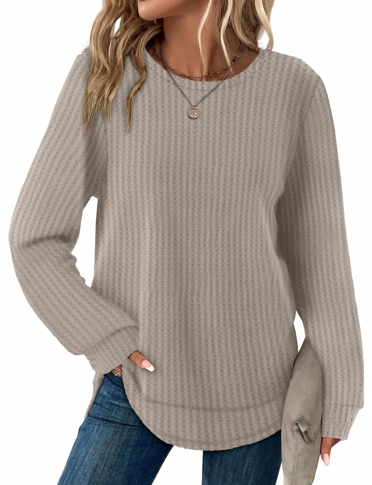 Women's Tunic Tops - Loose Fit Waffle Knit Long Sleeve Crewneck Sweaters Khaki