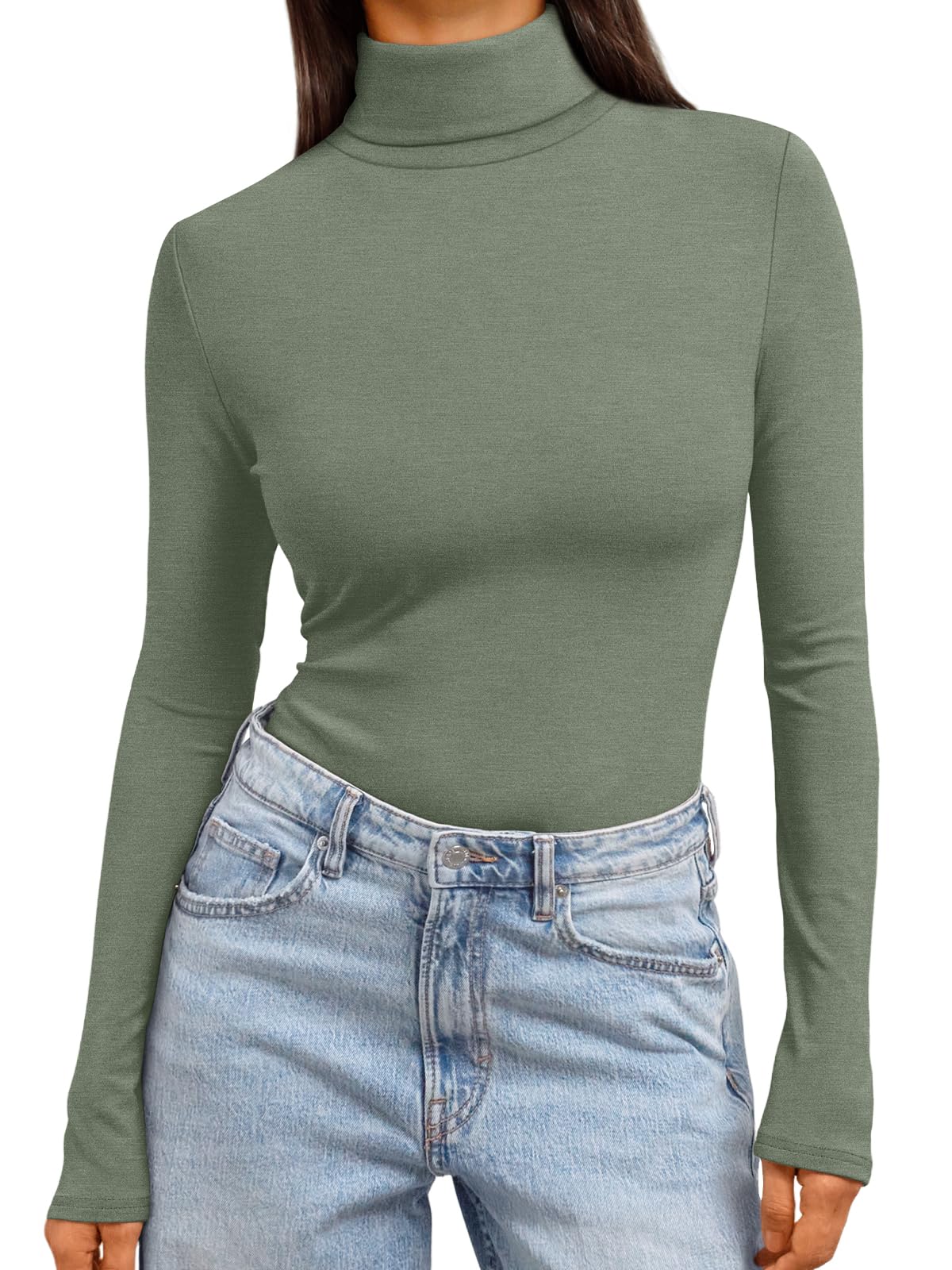 Women's Turtleneck Long Sleeve Shirts - Basic Thermal Underwear Tops Light Green