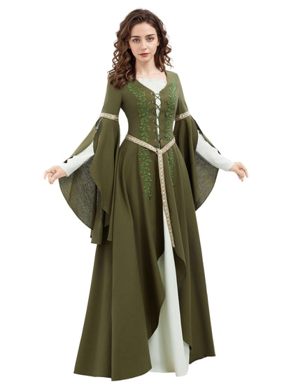 Medieval Queen Costume - Women's Renaissance Dress with Wide Sleeves and Belt Green&white