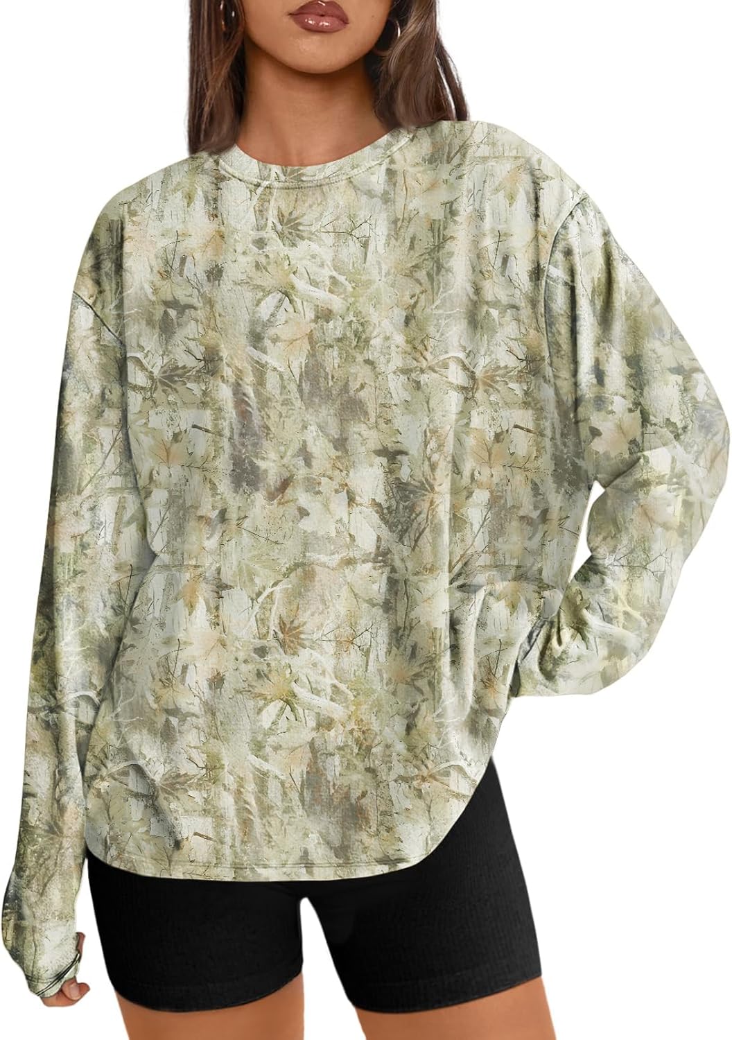 Women's Oversized Long Sleeve T-Shirt Casual Crewneck Basic Tee Camolightgreen