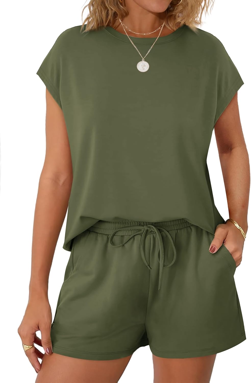 Women's 2 Piece Summer Lounge Set Crew Neck Short Sleeve Tracksuit