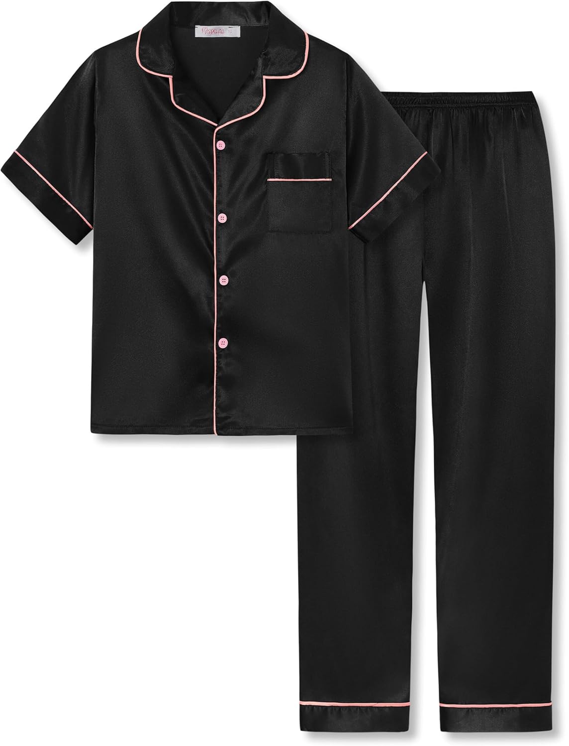 Girls Satin Pajama Set - Silky Button Down PJ with Shorts Size 6-16 Black (Short Sleeve & Pants)