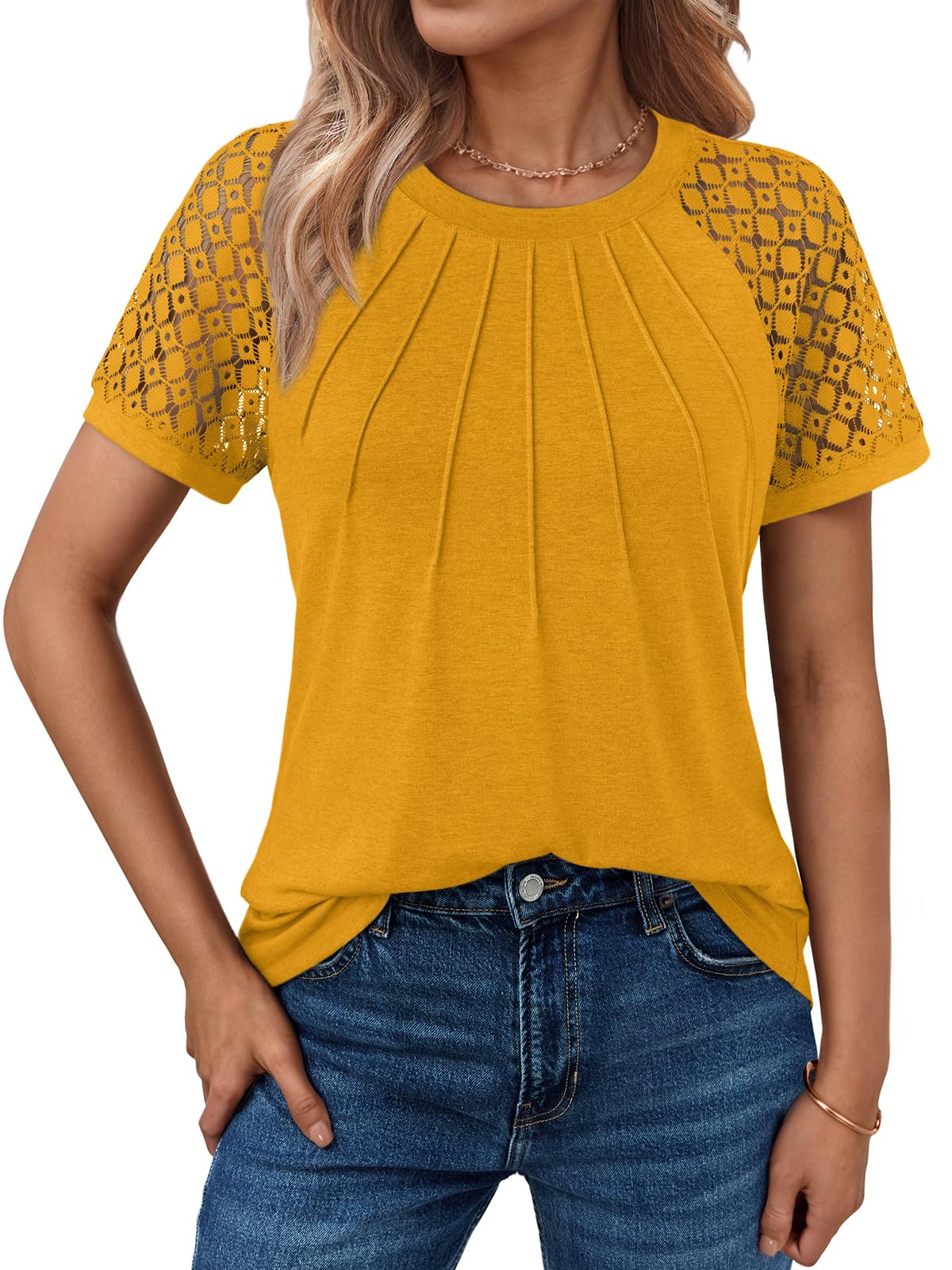 Women's Summer Lace Top Short Sleeve Business Casual Blouse Yellow