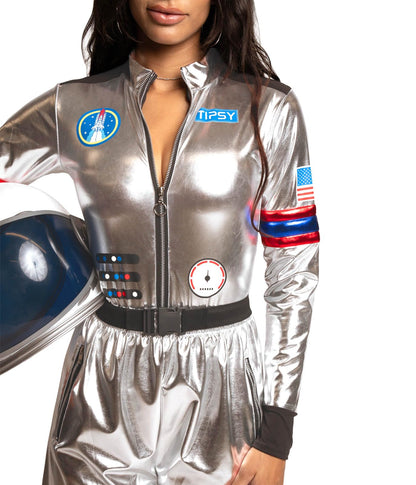 Women's Front Zip Halloween Bodysuit - Shiny Two Piece Astronaut Costume