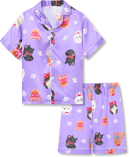 Girls Satin Pajama Set - Silky Button Down PJ with Shorts Size 6-16