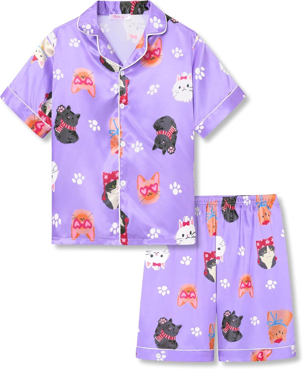 Girls Satin Pajama Set - Silky Button Down PJ with Shorts Size 6-16 Purple Cat (Short Sleeve & Shorts)