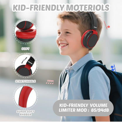 Kids Headphones Volume Limited 85/94dB - Wired Over-Ear Foldable Headset with Microphone Pink