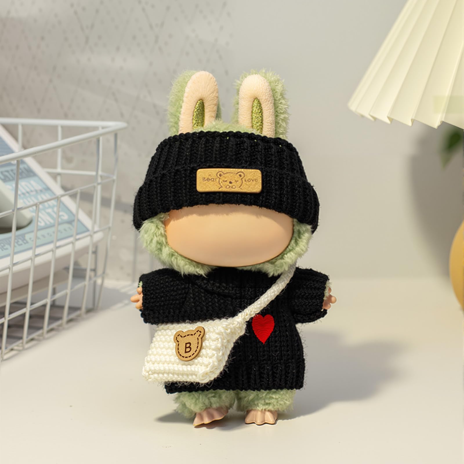 3 Piece Handmade Crochet Outfit for 17cm Dolls - Heart Sweater Hat & Bag Set