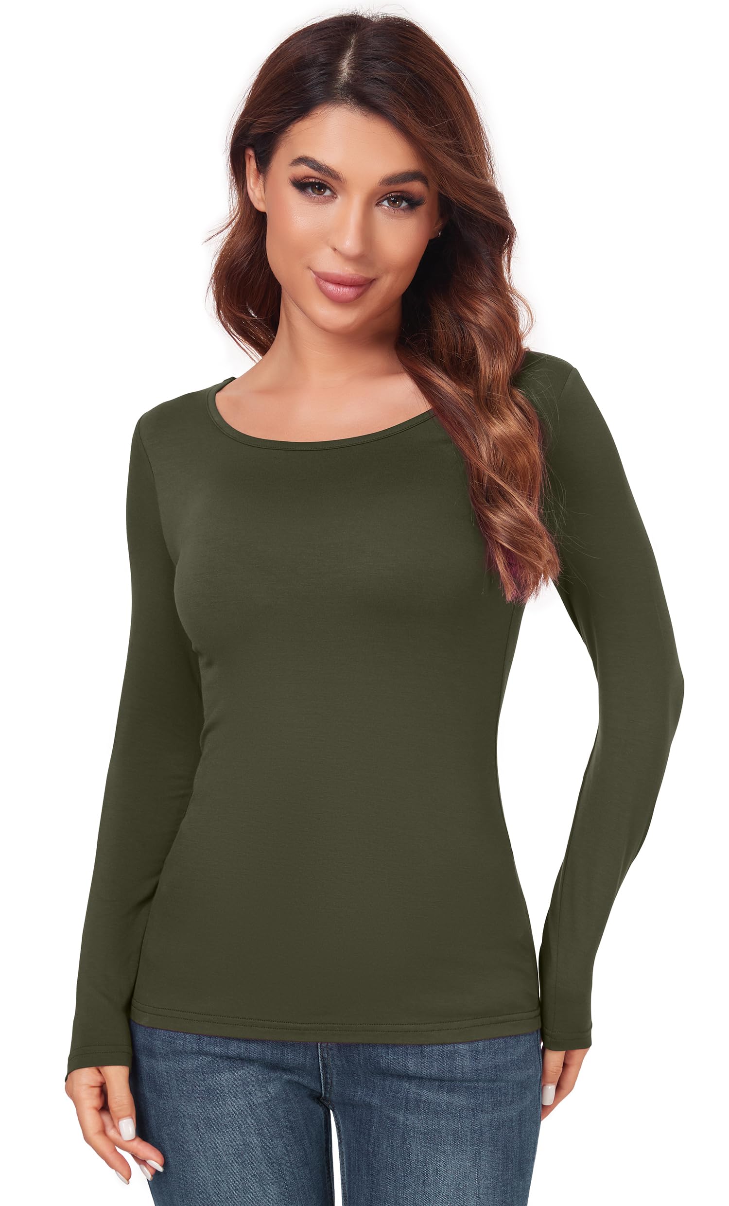 Women's Scoop Neck Long Sleeve Top - Slim Fit Thermal Blouse Basic Layer Shirt