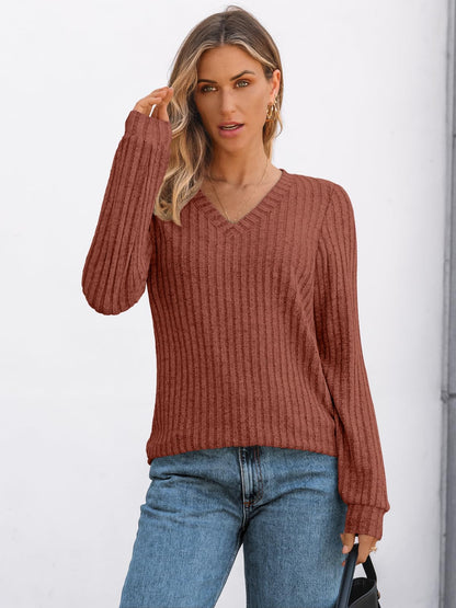 V Neck Long Sleeve Sweater for Women - Loose Fit Tunic Top for Fall & Winter
