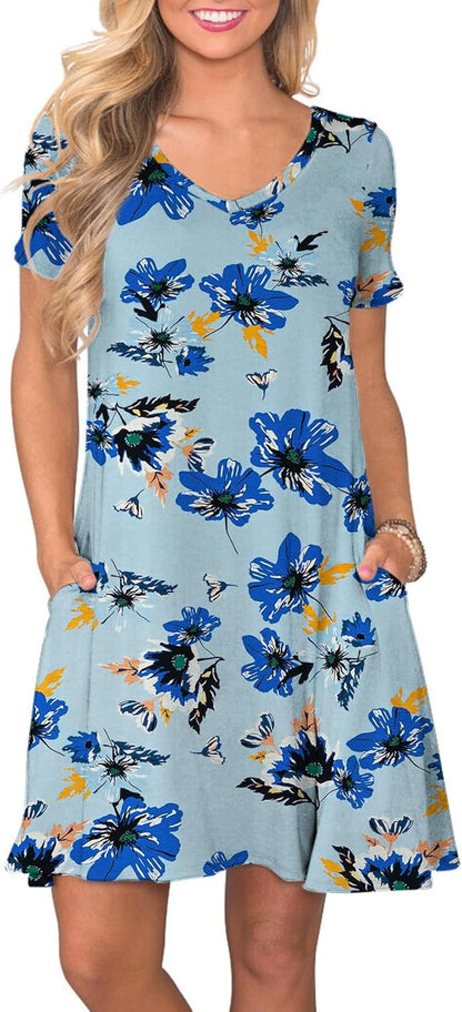 Women's Casual T-Shirt Dress Short Sleeve Summer Swing Dress with Pockets Blue Flowers - Blue
