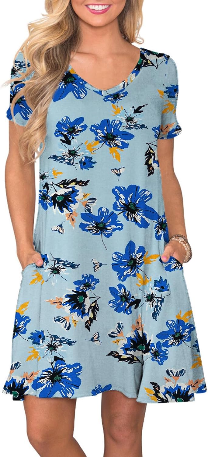 Women's Casual T-Shirt Dress Short Sleeve Summer Swing Dress with Pockets Blue Flowers - Blue
