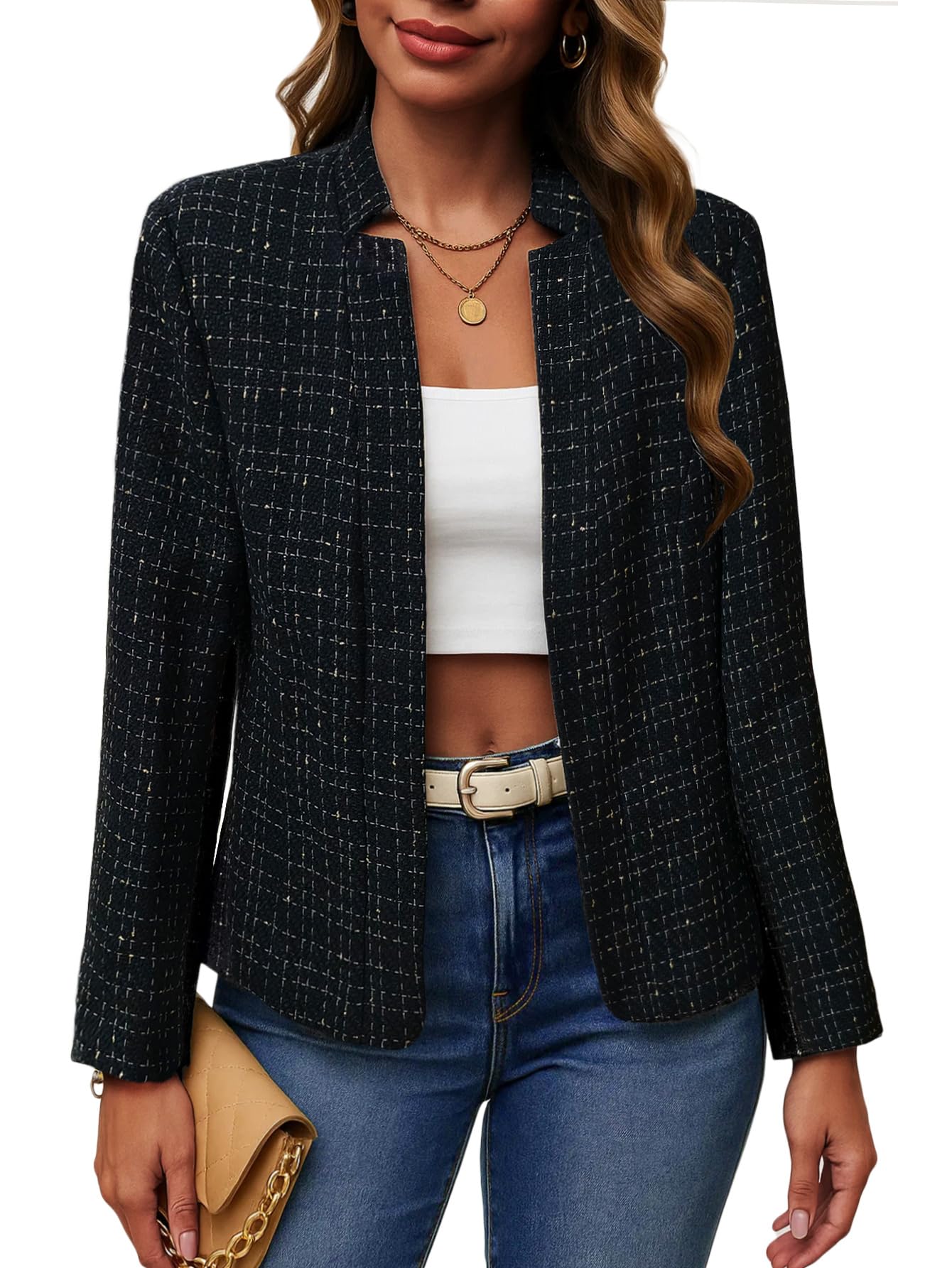 Women's Tweed Blazer Jacket - Open Front Stand Collar Professional Work Coat 2-plaid-black