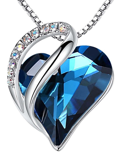 Infinity Love Birthstone Heart Necklace - 18K White Gold Plated Crystal Pendant Gift for Women 09a-September-Bermuda Sapphire Blue