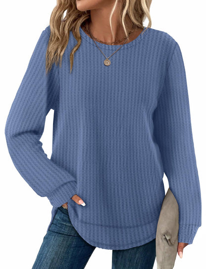 Women's Tunic Tops - Loose Fit Waffle Knit Long Sleeve Crewneck Sweaters Blue