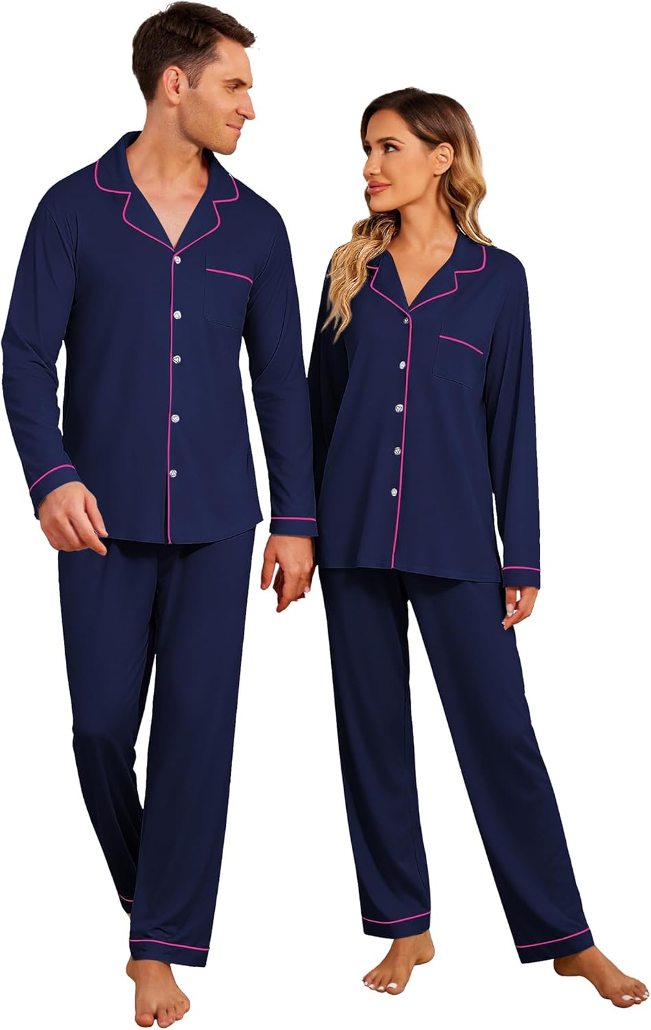 Christmas Family Matching Pajamas - Long Sleeve Button Down PJ Set Solid-navu Blue