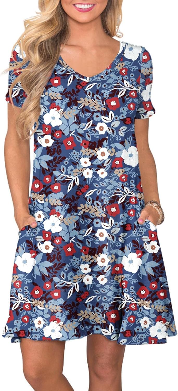 Women's Casual T-Shirt Dress Short Sleeve Summer Swing Dress with Pockets Mixed Flowers Blue