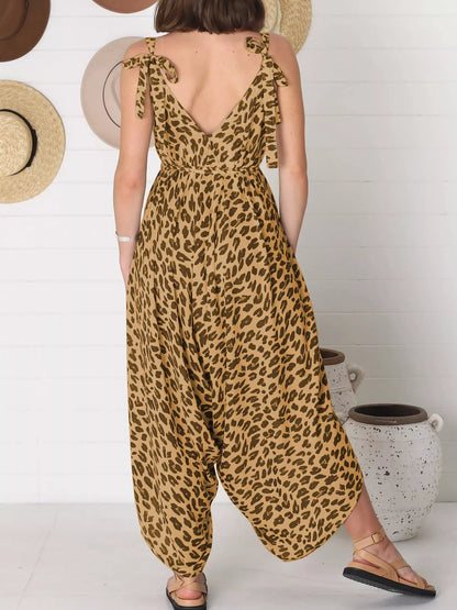 Full Size Leopard Print V-Neck Wide Leg Jumpsuit Plus Size