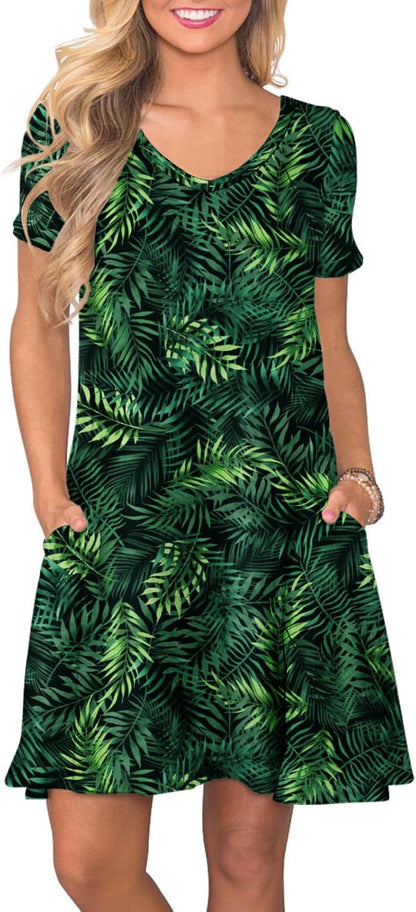 Women's Casual T-Shirt Dress Short Sleeve Summer Swing Dress with Pockets Green Leaf