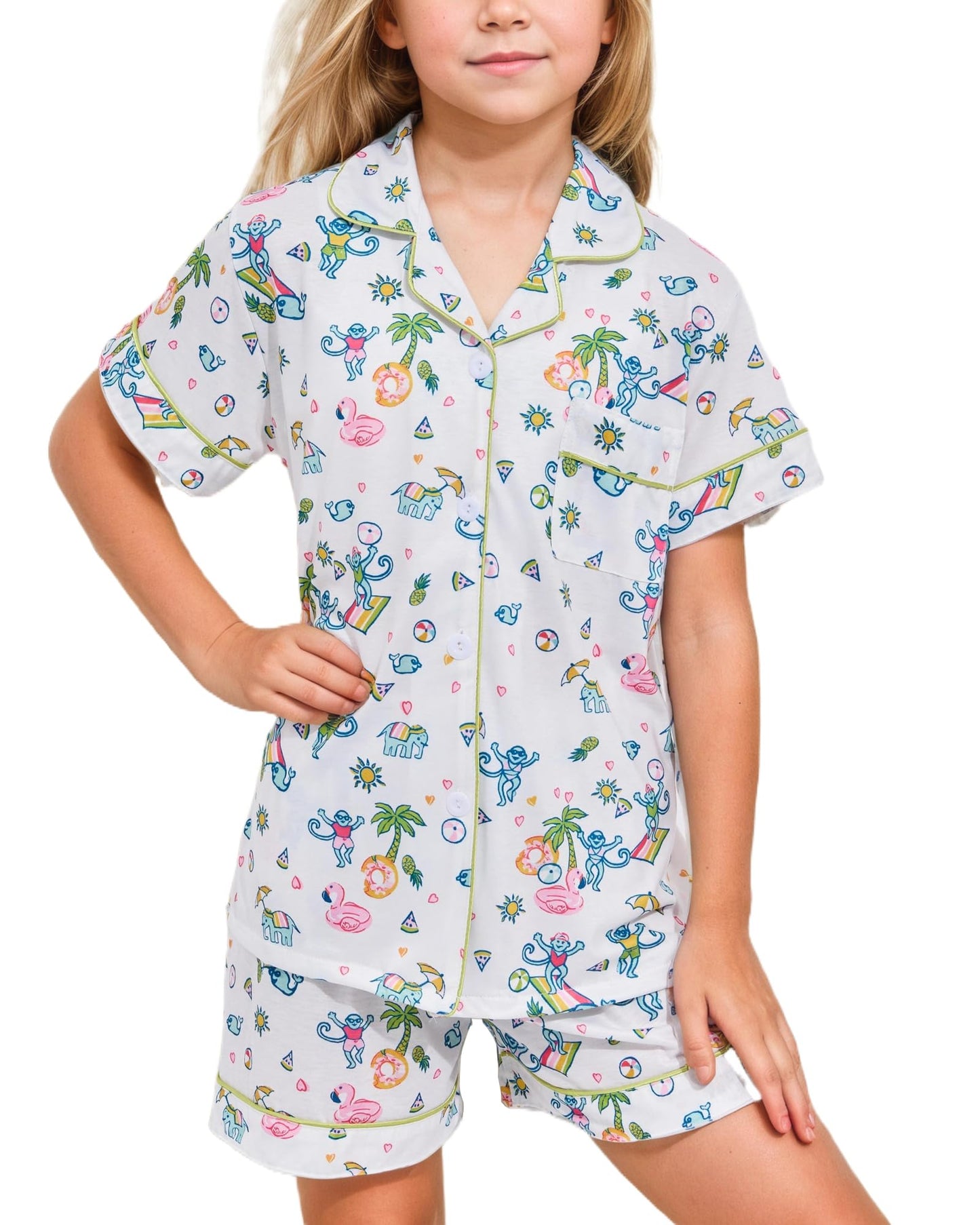 Roller Rabbit Pajamas Kids - Girls Summer 2 Piece Set - Button Down Top and Shorts 6-7 Years Pool Party