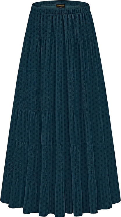 Chiffon Maxi Skirt for Women - High Waist Pleated A-Line Flared Long Skirt Medium Blue Dot