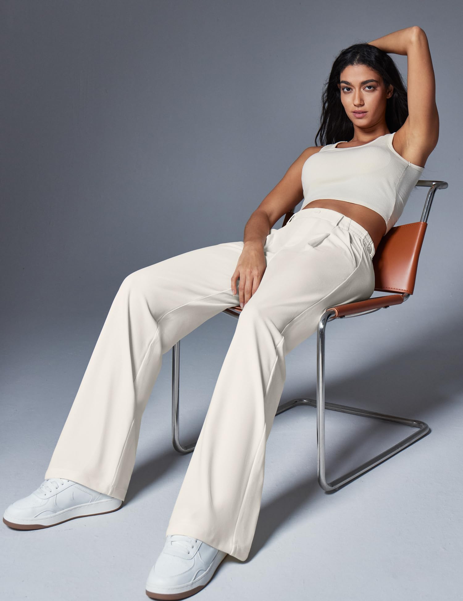 Women's Wide Leg Work Pants - Stretchy Pull-On Business Casual Trousers with Pockets