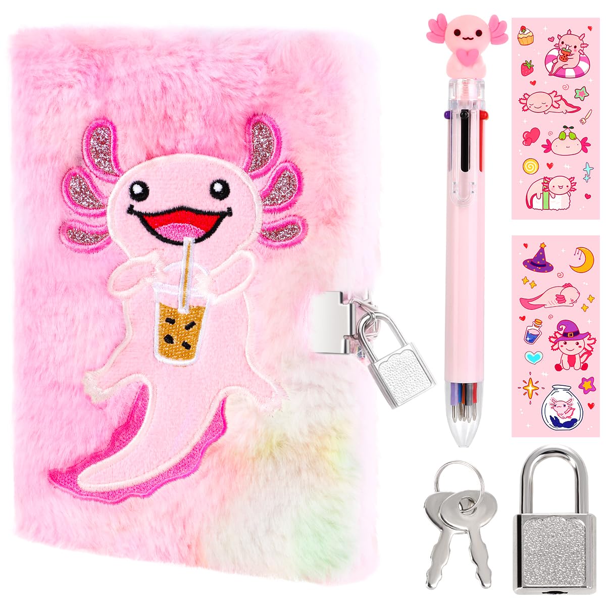 Girls Heart Diary with Lock and Keys - Cute Plush Secret Journal Notebook Gift Ages 6-8 Axolotl NEW