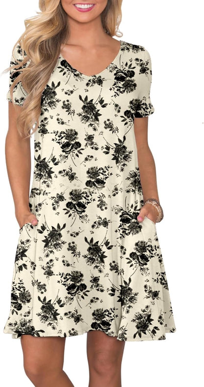 Women's Casual T-Shirt Dress Short Sleeve Summer Swing Dress with Pockets Ink Rose