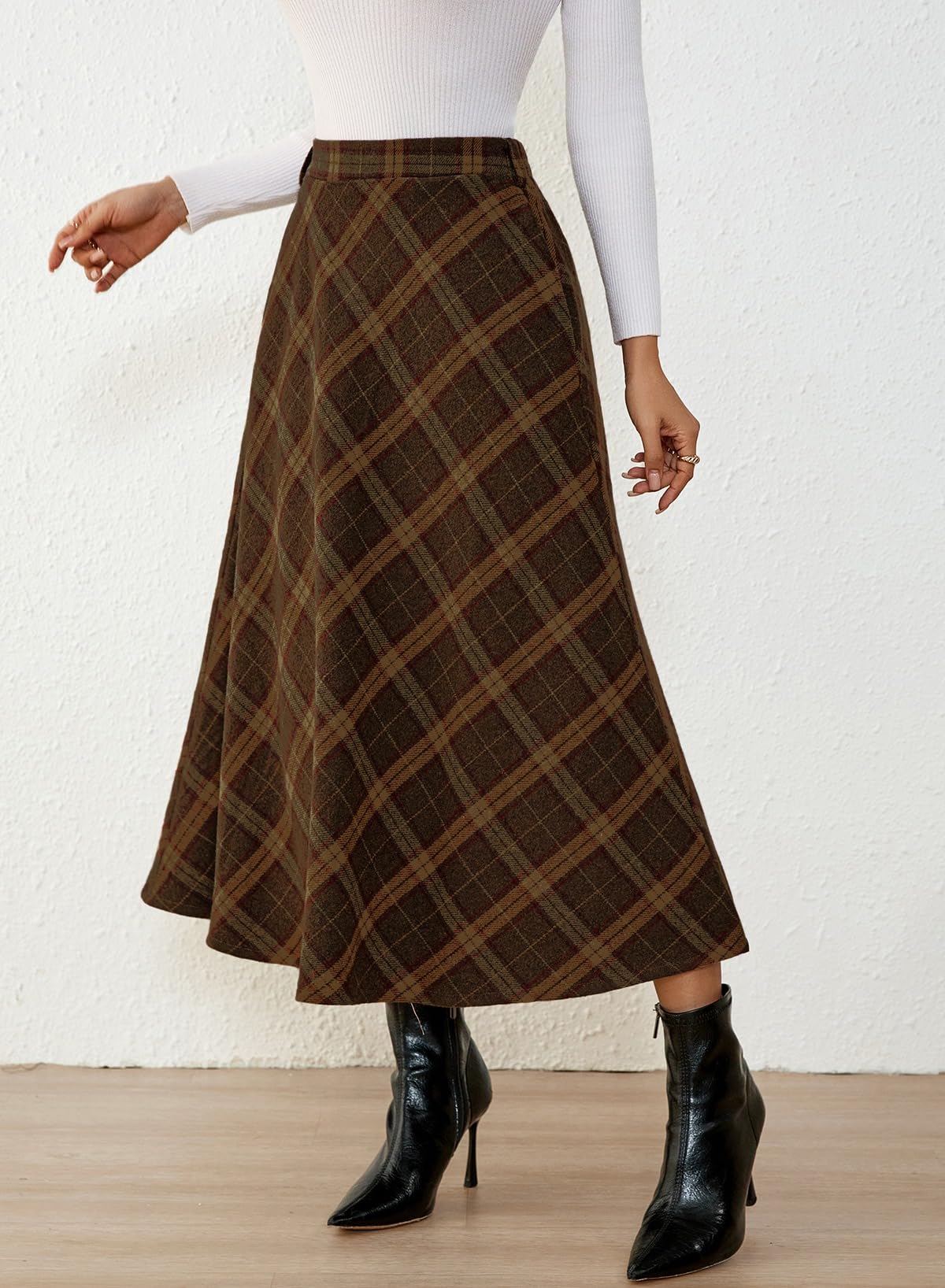 Women's Plaid Skirts - High Waist A-Line Midi Tartan Skirt with Pockets