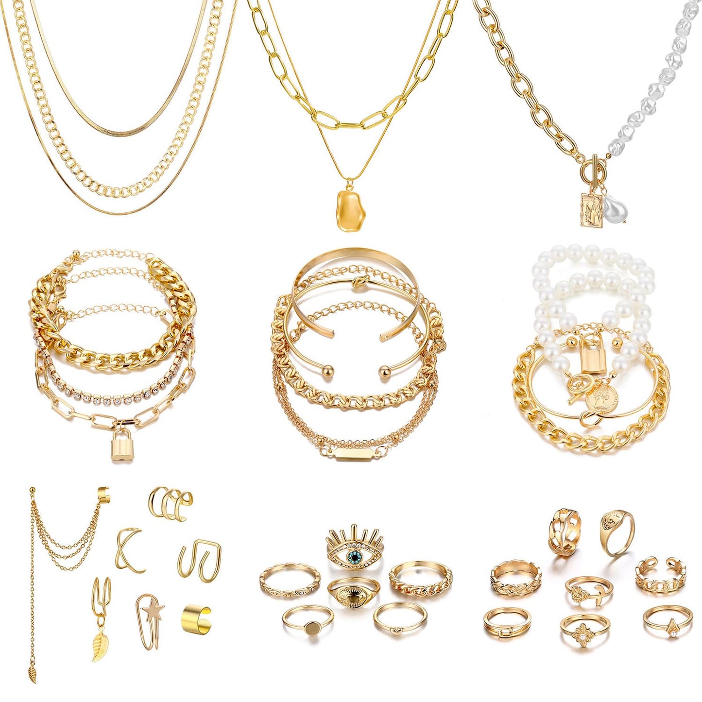 Women's Accessories - 36-Piece Gold Plated Jewelry Set Necklaces Bracelets Earrings Rings Gift 36 pcs Gold