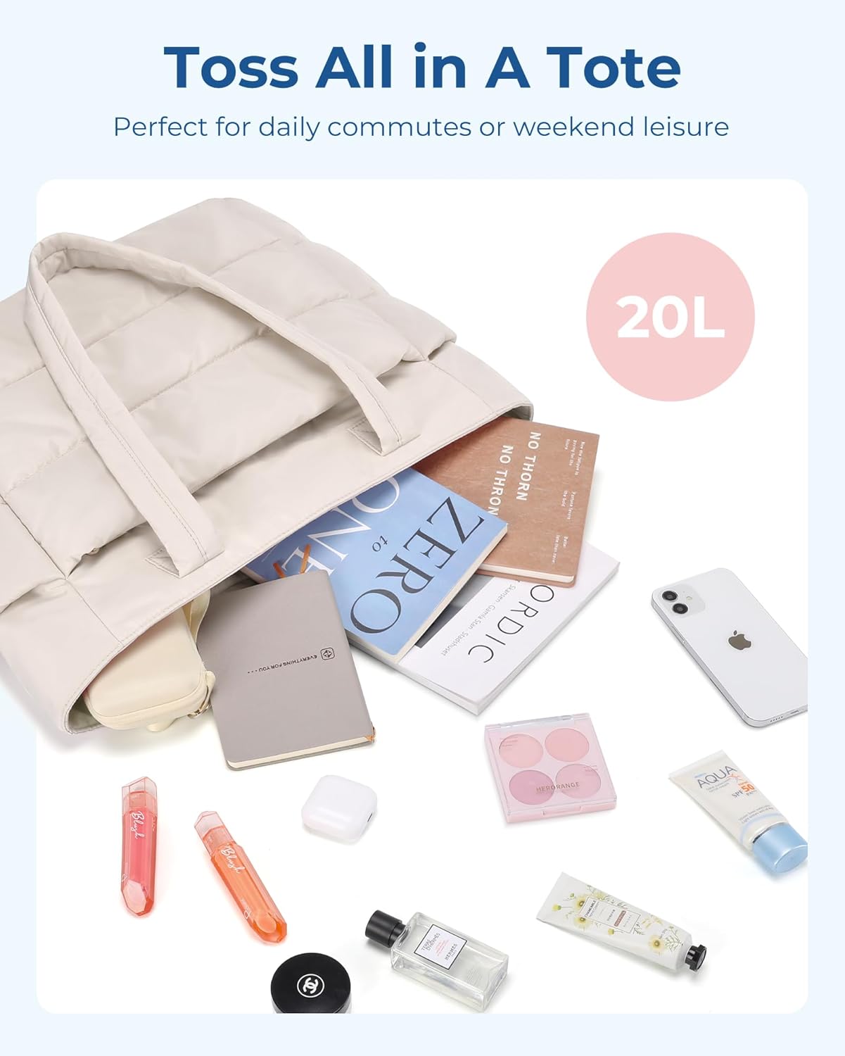 Women's Quilted Tote Bag Lightweight Puffy Shoulder Bag with Compartments