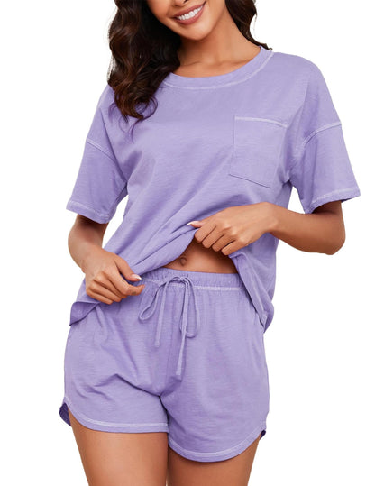 Women's Cotton Pajama Set - Short Sleeve Top and Shorts Sleepwear Lounge Set
