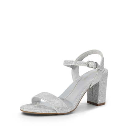 Women's Low Block Heel Sandals - Open Toe Ankle Strap Chunky Heels with Buckle Silver-glitter