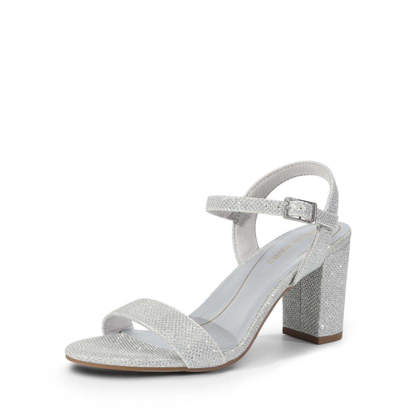 Women's Low Block Heel Sandals - Open Toe Ankle Strap Chunky Heels with Buckle Silver-glitter