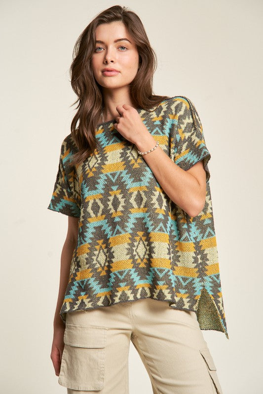 Back To School Sweater - Davi & Dani High-Low Geometric Round Neck Knit Top SEAFOAM YELLOW