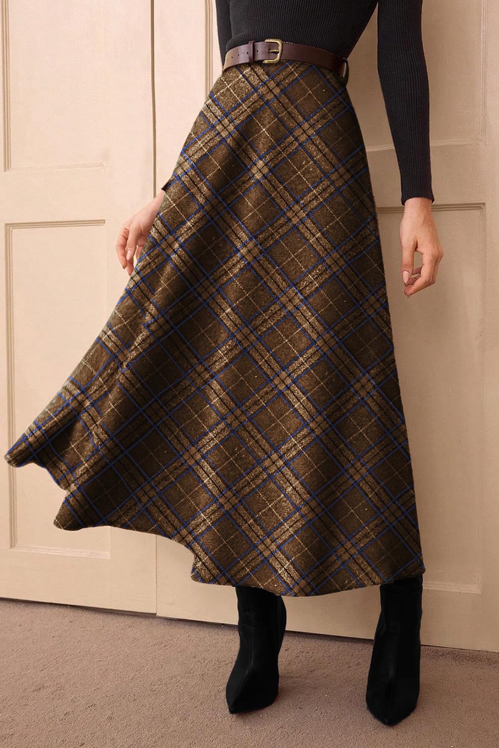 Women's Plaid Skirts - High Waist A-Line Midi Tartan Skirt with Pockets