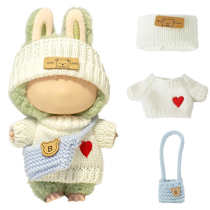 3 Piece Handmade Crochet Outfit for 17cm Dolls - Heart Sweater Hat & Bag Set Heart - White