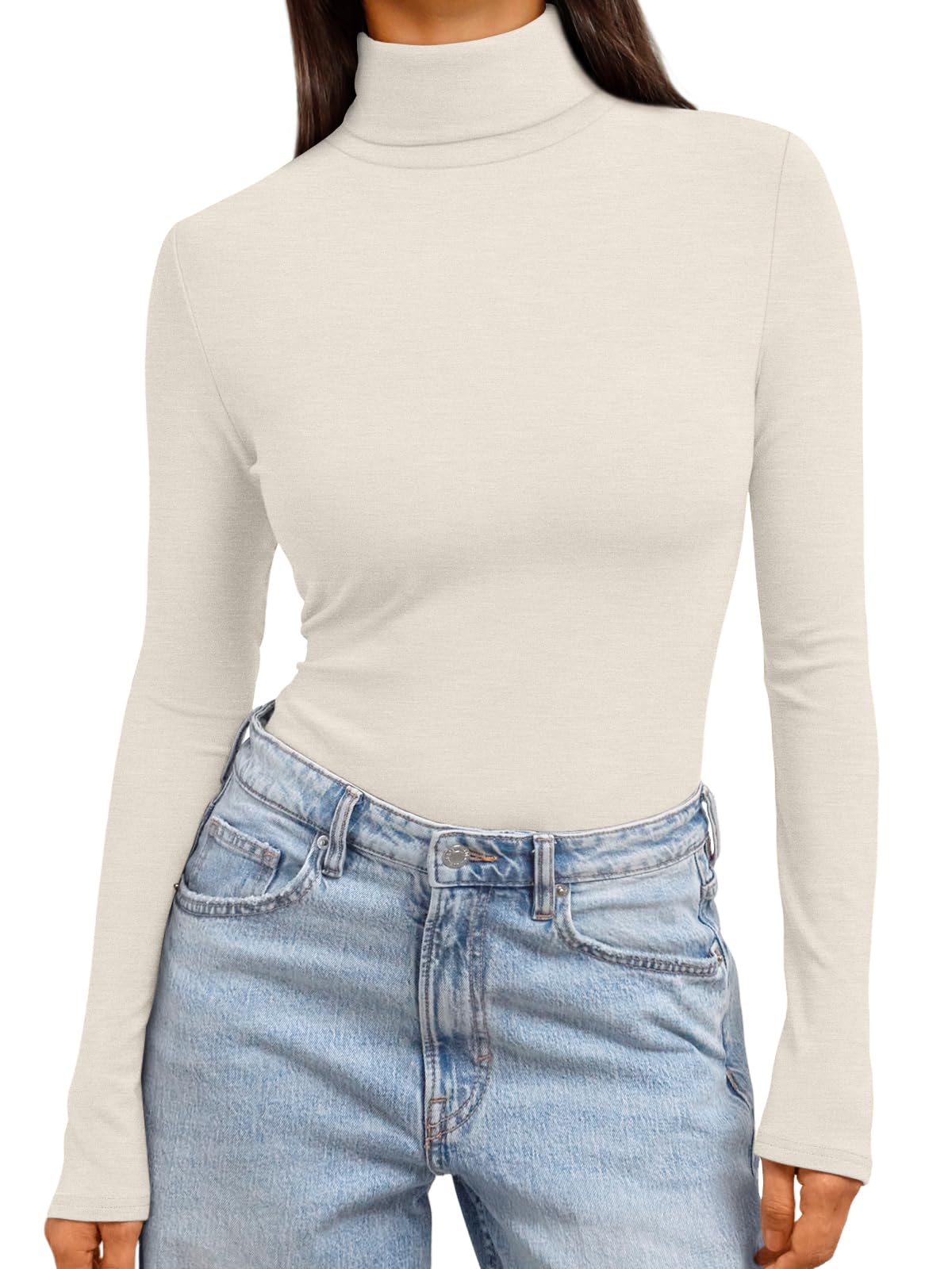Women's Turtleneck Long Sleeve Shirts - Basic Thermal Underwear Tops Beige