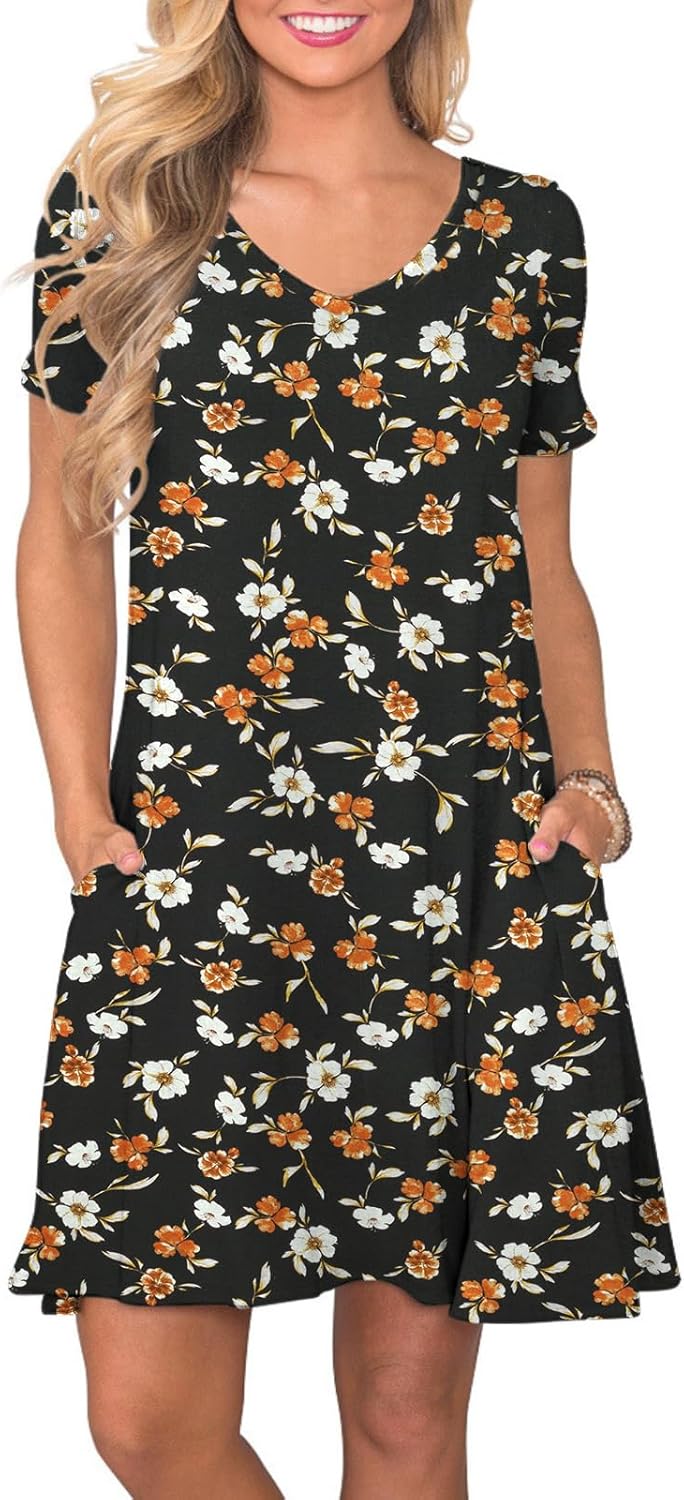 Women's Casual T-Shirt Dress Short Sleeve Summer Swing Dress with Pockets White Peach Blossom - Black