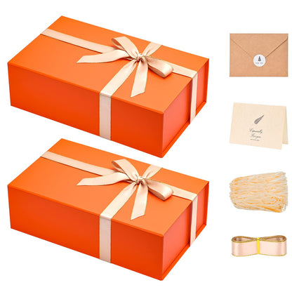 Gift Boxes with Lids 2 Pack - Magnetic Closure with Ribbon, Card, Filler & Sticker 1 Count (Pack of 2) Orange