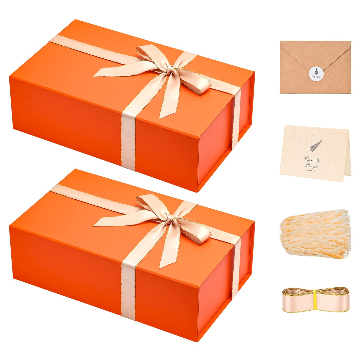 Gift Boxes with Lids 2 Pack - Magnetic Closure with Ribbon, Card, Filler & Sticker 1 Count (Pack of 2) Orange