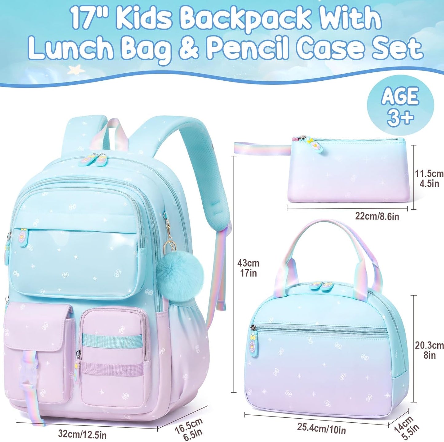 Girls School Backpack Set 3-Piece - Waterproof Kids Backpack with Lunch Box