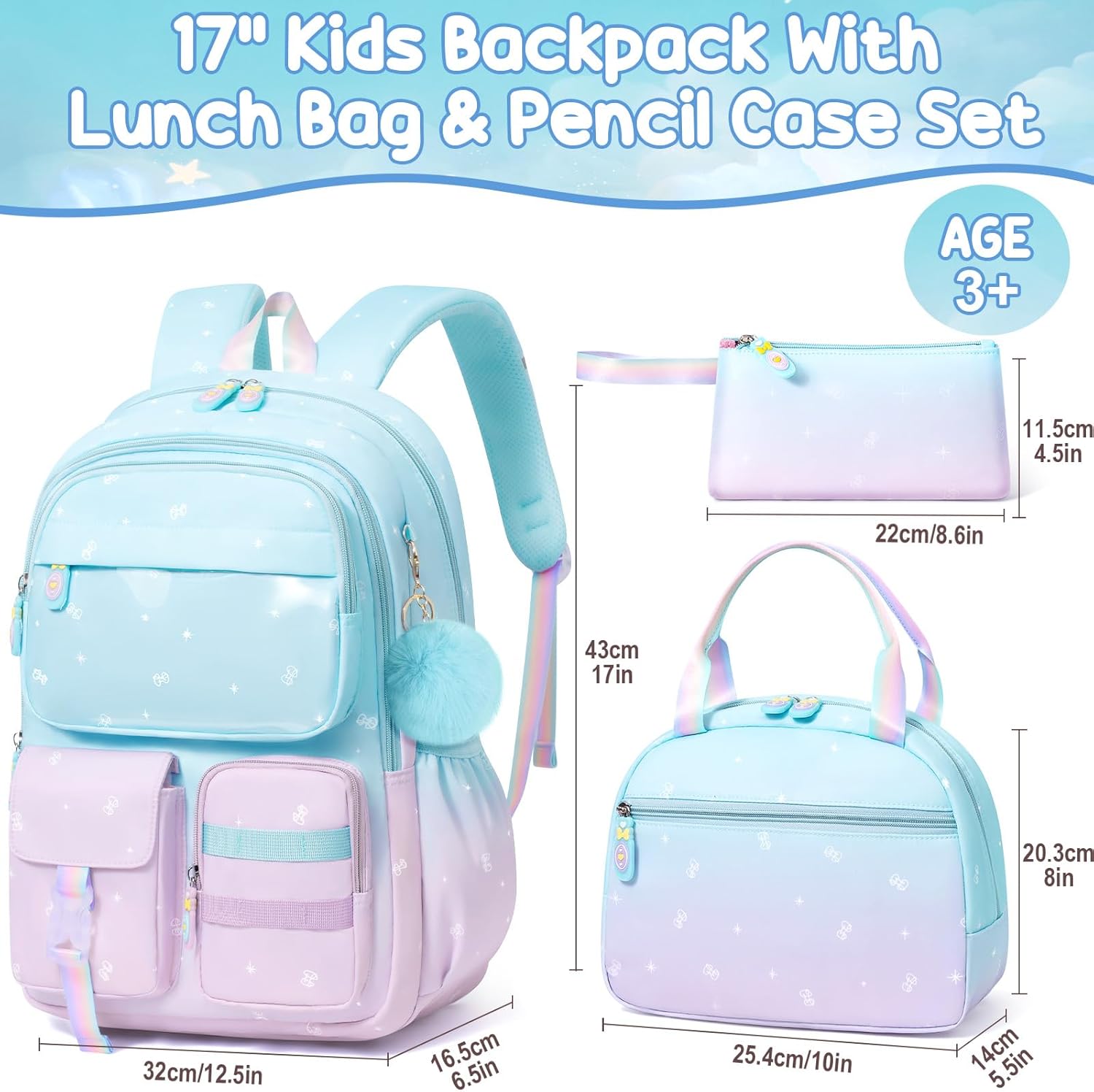Girls School Backpack Set 3-Piece - Waterproof Kids Backpack with Lunch Box