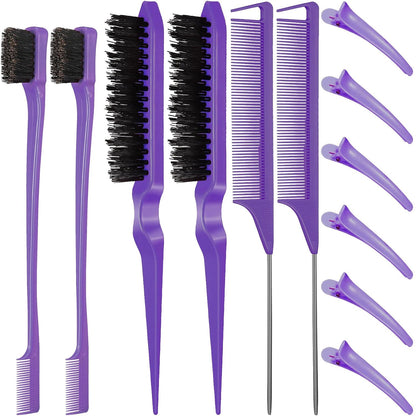 Hair Brush Set 12 Pieces Double Sided Edge Brush Teasing Combs Styling Kit Purple