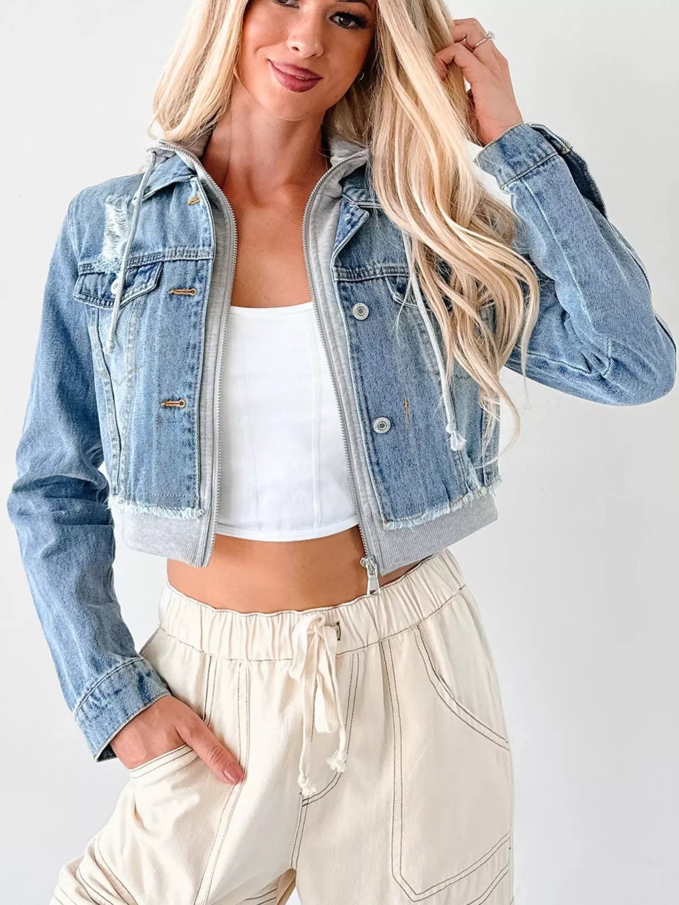 Distressed Zip Up Cropped Hooded Denim Jacket Dark Blue Gray