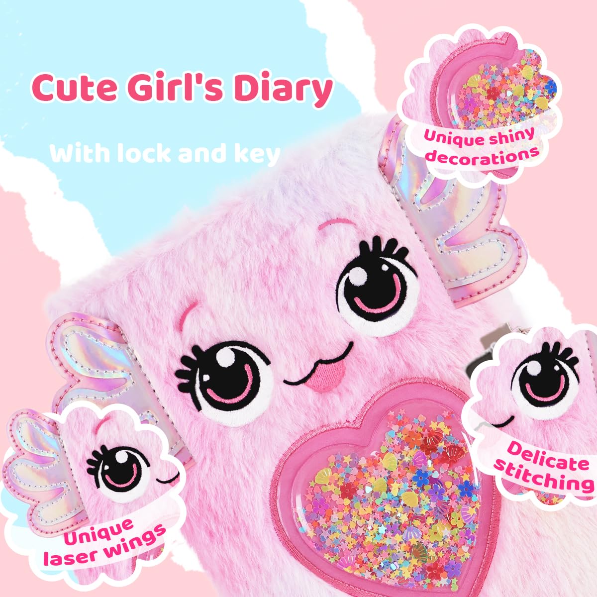 Girls Heart Diary with Lock and Keys - Cute Plush Secret Journal Notebook Gift Ages 6-8