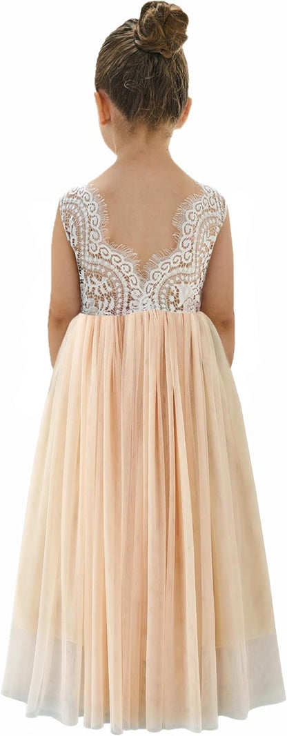 Girls Tulle Flower Girl Dress - Lace Back A-Line Party Dress